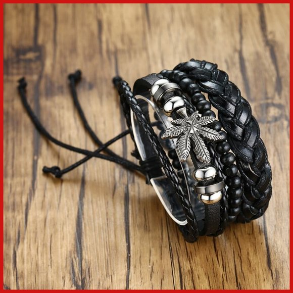 3 PC SET SILVER AND GUN METAL LEAF HANDMADE ADJUSTABLE WRISTBAND BLACK NWT - Picture 4 of 5